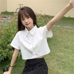 Oversize Cropped White Shirt Women Summer Short Sleeve Polo Neck Button Down Basic Short Sleeve Shirts Korean Female Blouses