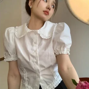 Zoki Slim Cute Cropped White Shirt Women Summer Short Sleeve Elegant Blouse Preppy Style Vintage Sweet French Casual Design Tops