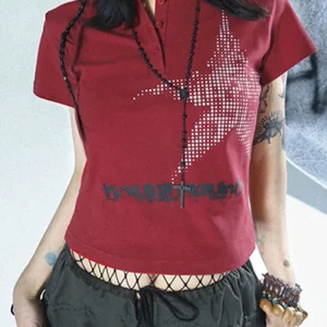 Harajuku Crop Top Japanese Style Star Pattern Round Neck Short Sleeve T Shirts Graphic Tee y2k Women Clothes Streetwear