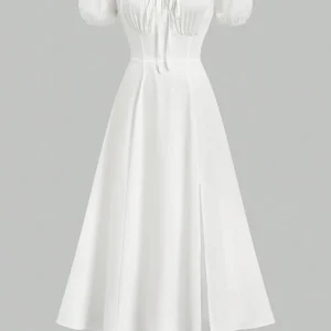 Plus Size Women's Spring/Summer French Style Strapless Waist High Cut Long Dress Pure Colour One-piece Neck Elegant Casual