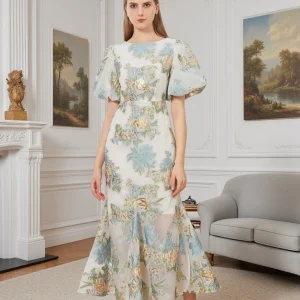 New French Retro Bubble Sleeve Round Neck Mermaid Midi Dress Light Luxury Elegant Banquet Date Waist-Defined Dress